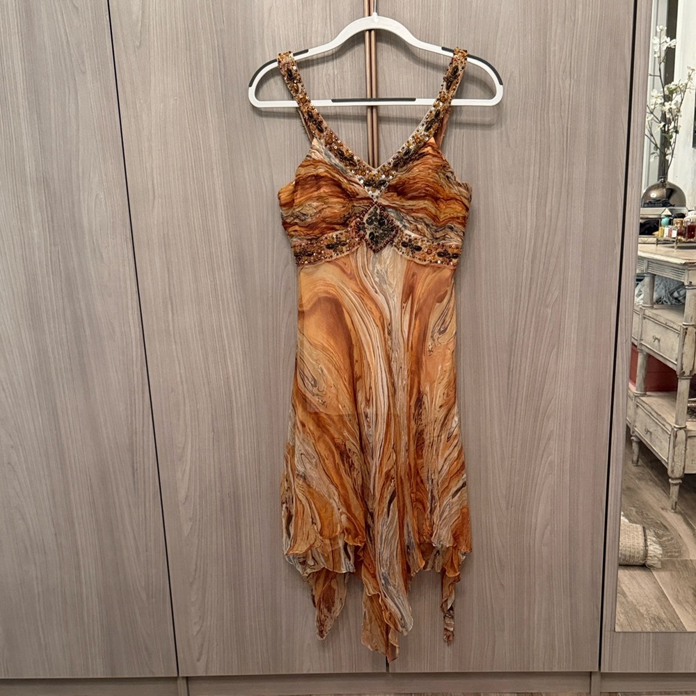 Sue Wong Orange Marble Beaded Handkerchief-Hem Dress